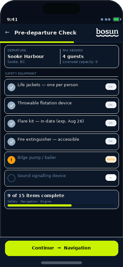 bosun mobile — pre-departure check screen
